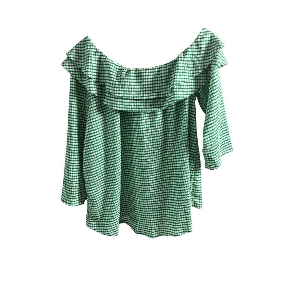 Cato Women's Green & White Checkered Pattern Off-The-Shoulder Ruffled Neckline T - Picture 3 of 8